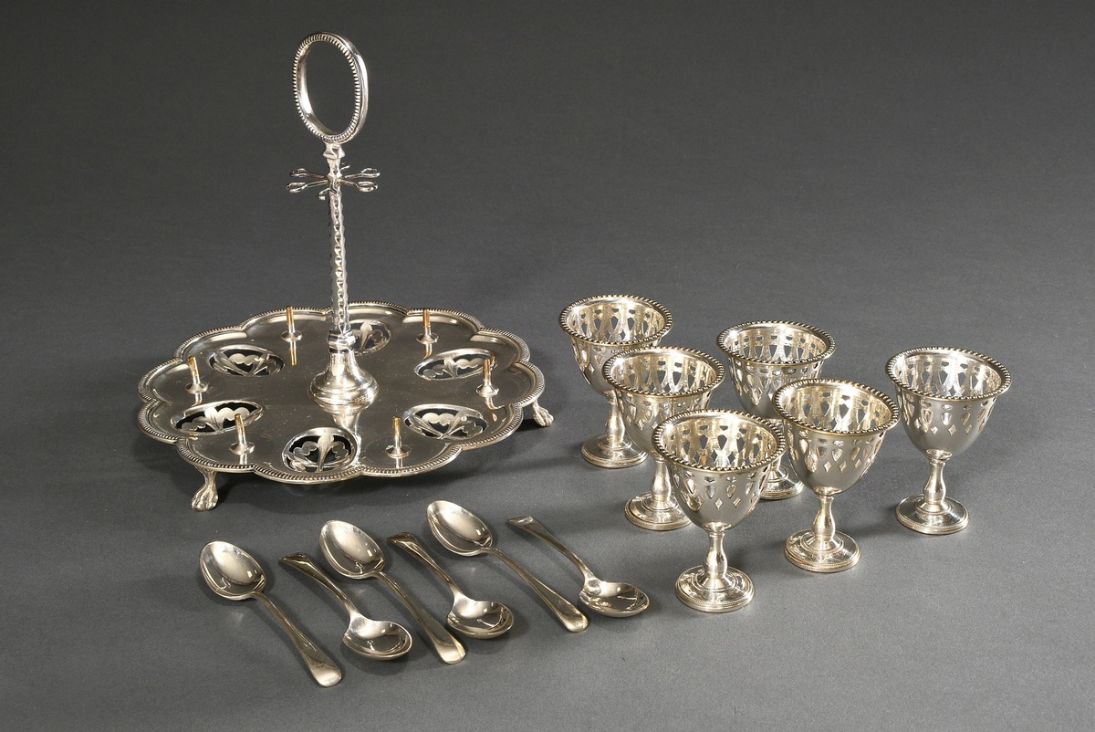 Silver-plated egg server with 6 egg cups and spoons, England approx. 1900, h. 20cm, Ø 20.5cm - Image 2 of 6
