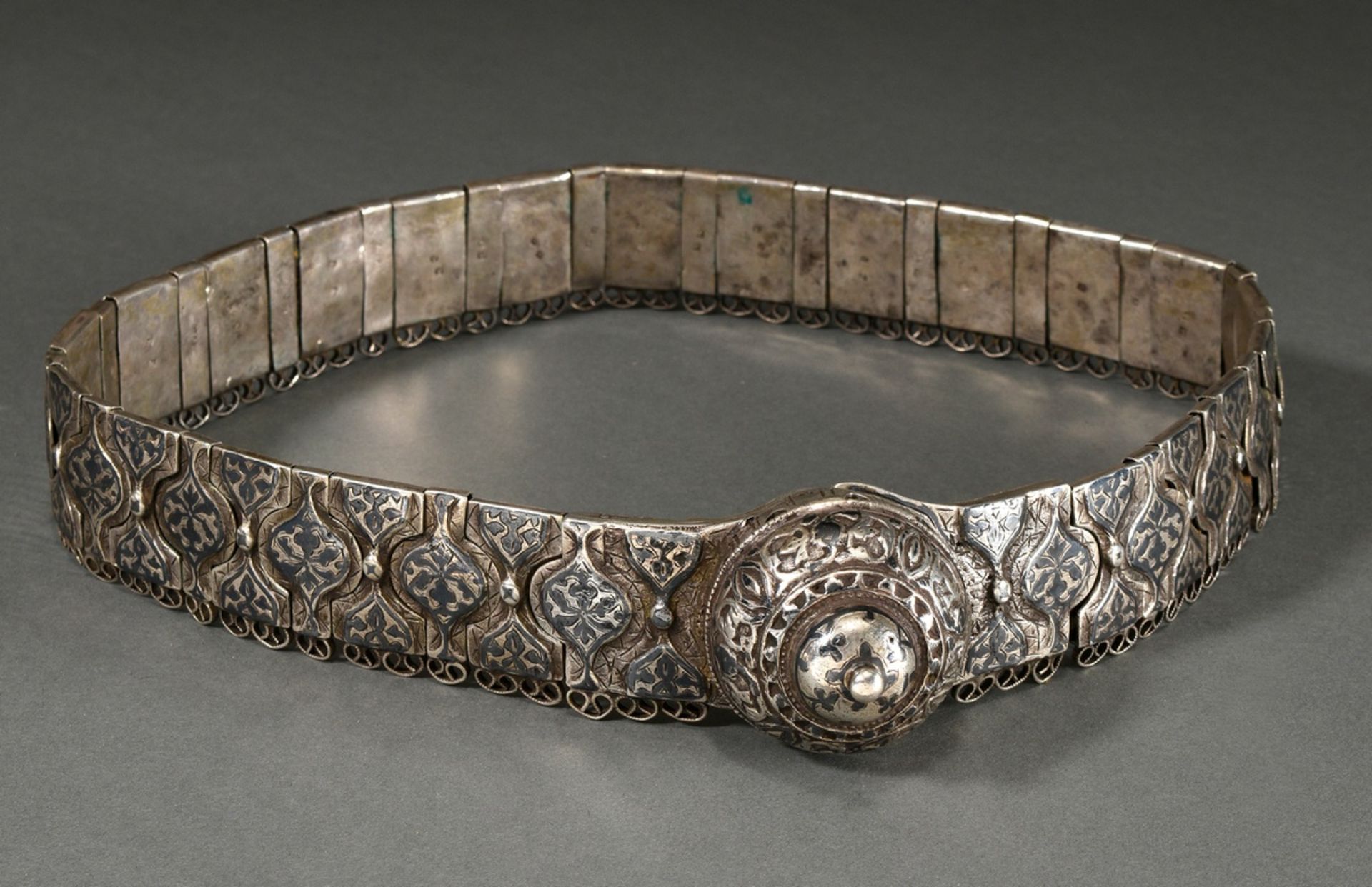 Caucasian women's belt with tendril decoration in niello work and fine chasing, soldered wire loops