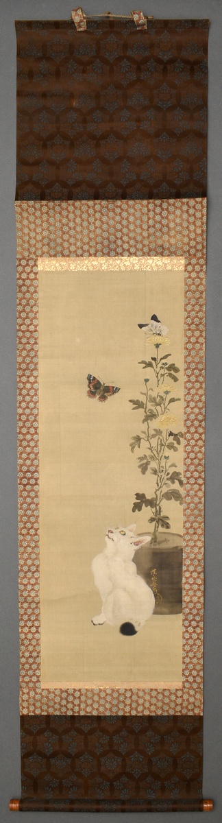 Kawanabe Kyosai (1831-1889) "Weiße Katze neben gelber Topfchrysantheme, darüber zwei Schmetterlinge