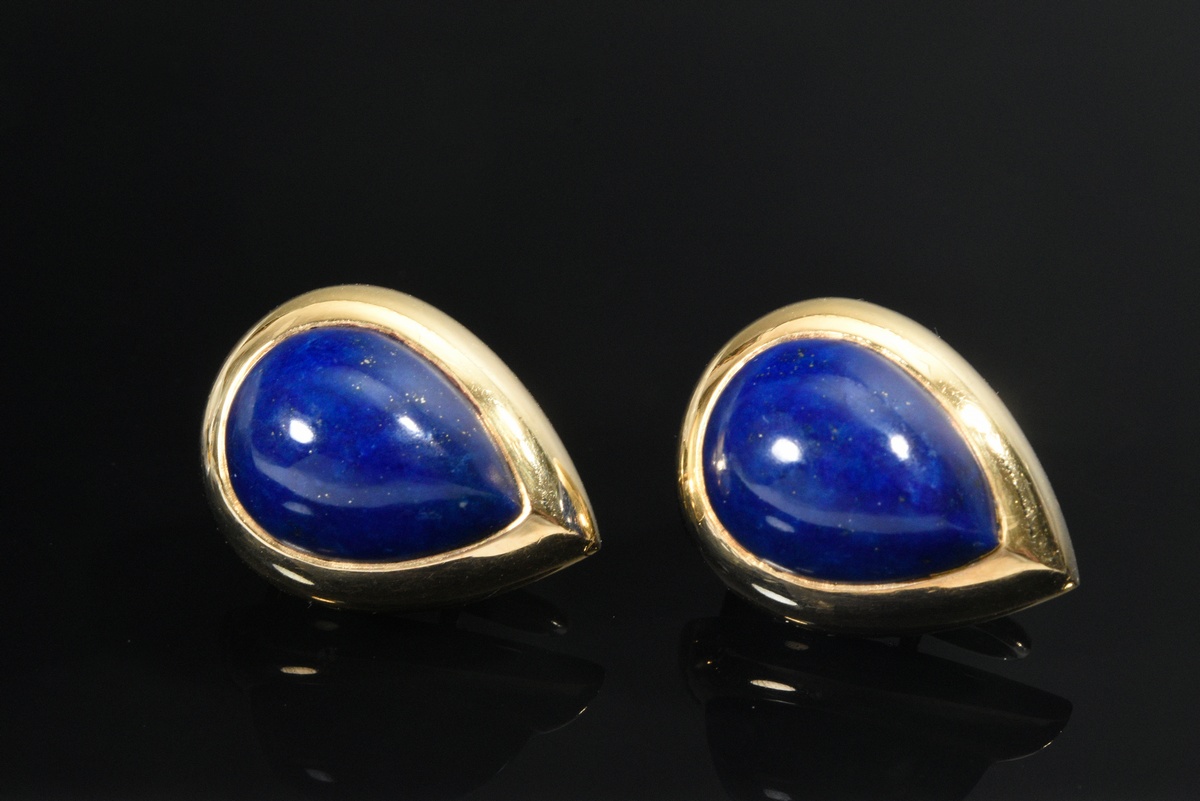 Pair of 750 yellow gold stud earrings with clip prism and lapis lazuli drops, Brahmfeld & Gutruf/ H - Image 2 of 3