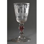 Large baroque goblet with engraved motif ‘Couple toasting each other’ and banner ‘Ein ander lieben 