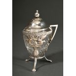 An Empire mustard pot with crystal inset, over 3 feet with swan reliefs, domed hinged lid with ball