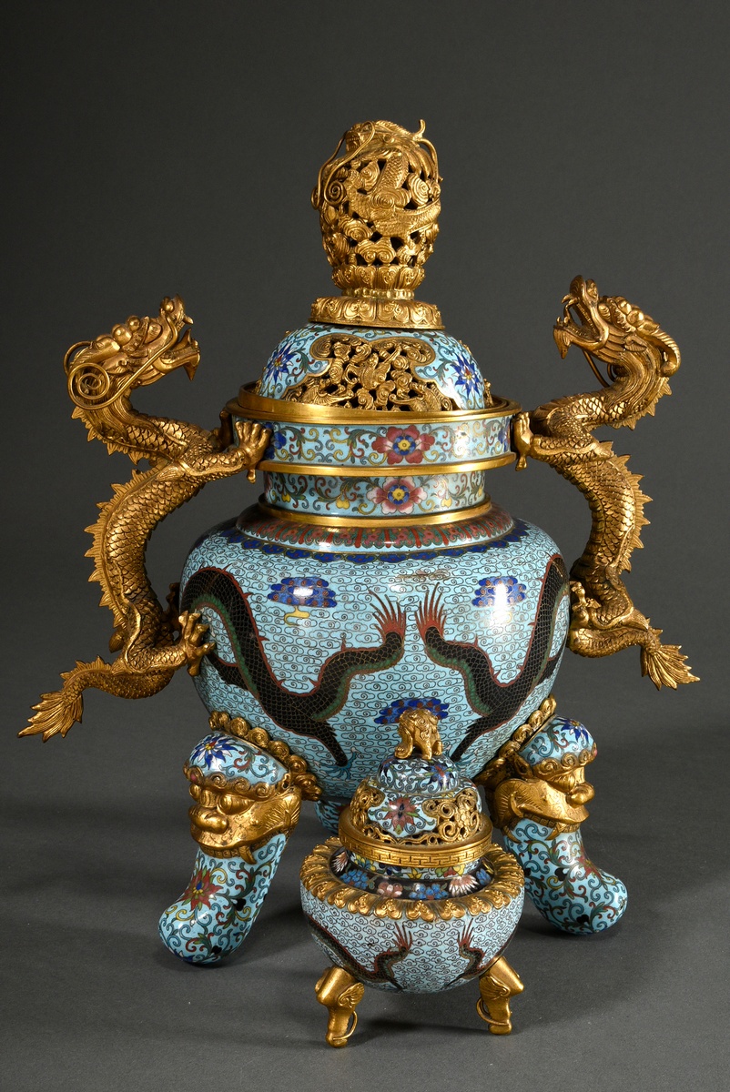 2-Piece altar set with fire-gilt sculptural dragons and mascarons on cloisonné body with dragon dep