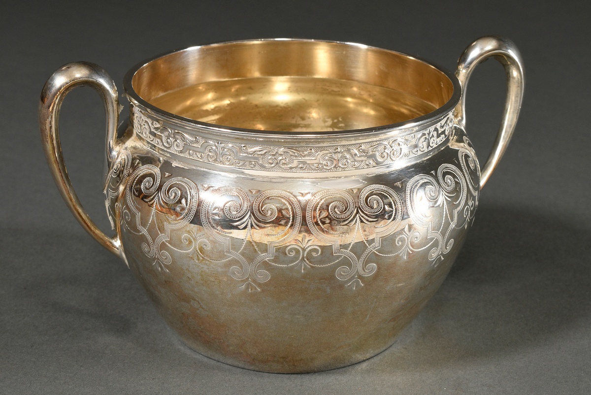 Silver sugar bowl with ear handles and rich ornamental engraved decoration, Koch & Bergfeld, model 