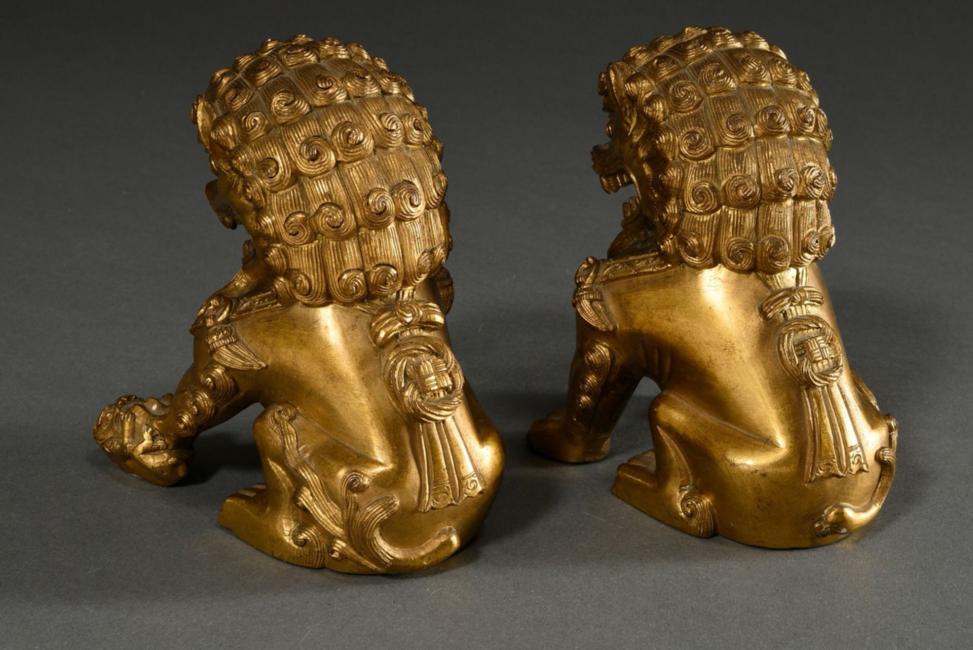Paar feuervergoldete Bronze Fo Löwen auf eckigen Cloisonné Postamenten mit polychromen Borten und g - Bild 6 aus 9