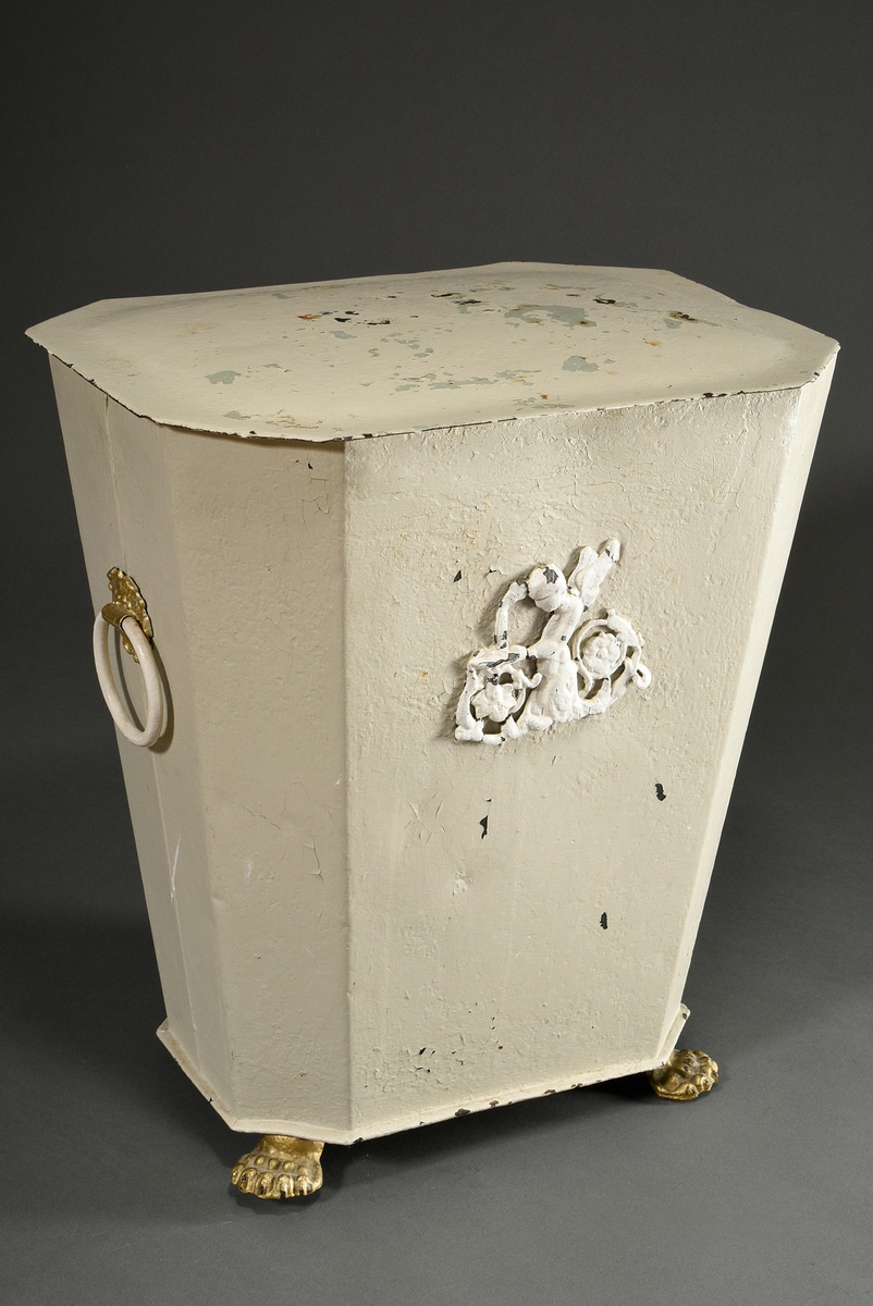 Biedermeier peat chest on paw feet with relief decorations, metal painted white and gold, around 18