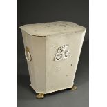 Biedermeier peat chest on paw feet with relief decorations, metal painted white and gold, around 18