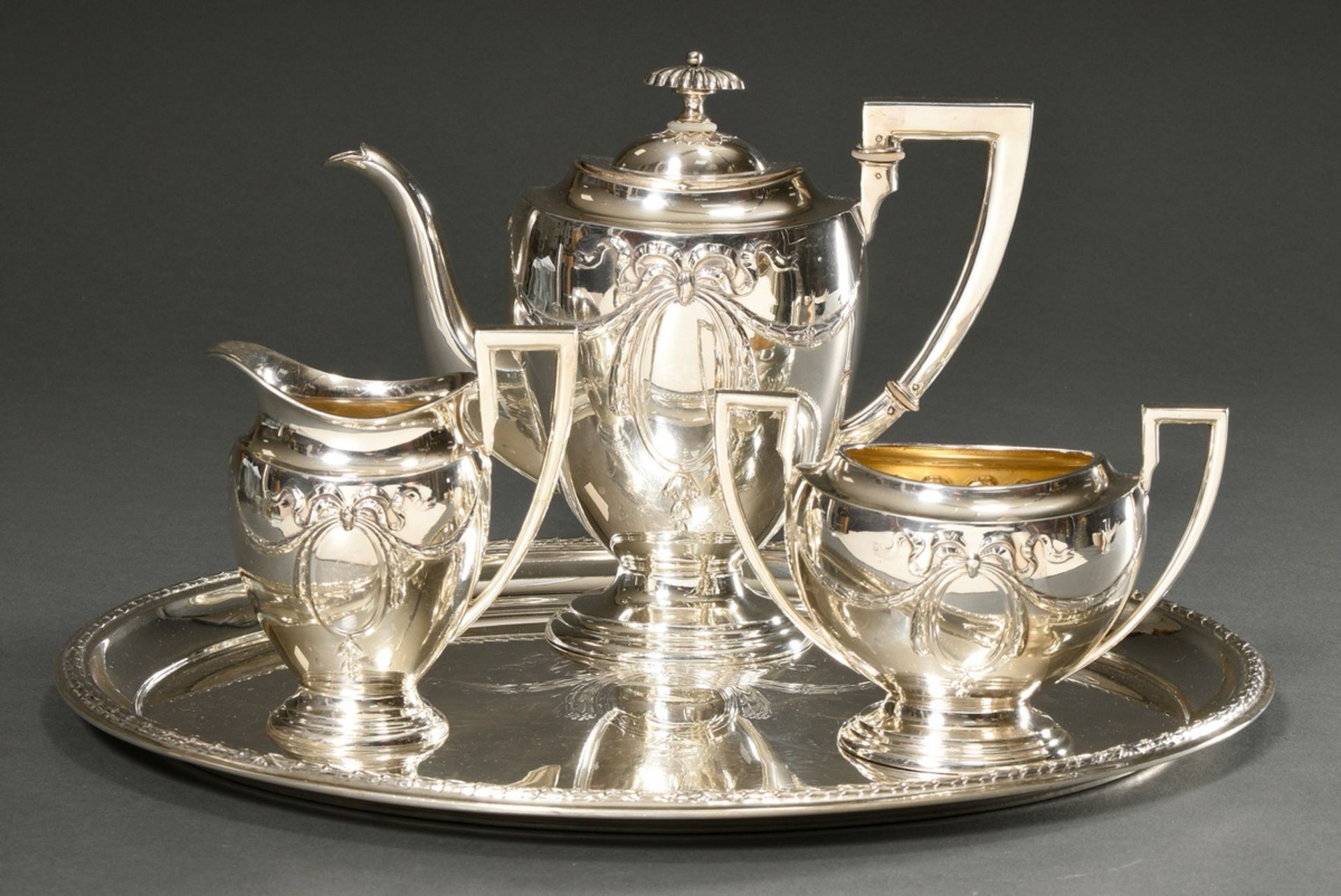 4 Pieces Wilhelminian coffee service with semi-sculptural wreath motifs on the wall, Wilhelm Theodo