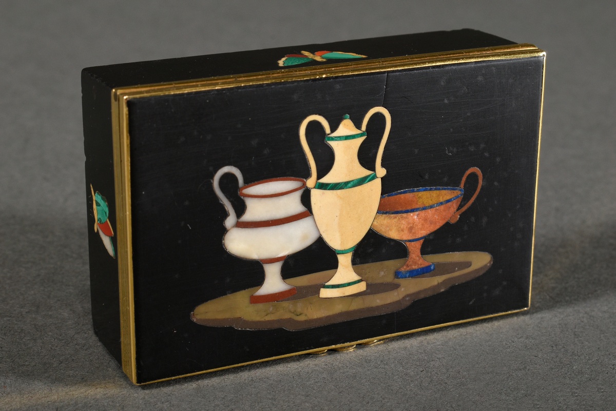 Pietra Dura box with yellow gold 750 mounting and decoration on all sides "Antique vessels and butt - Image 5 of 5