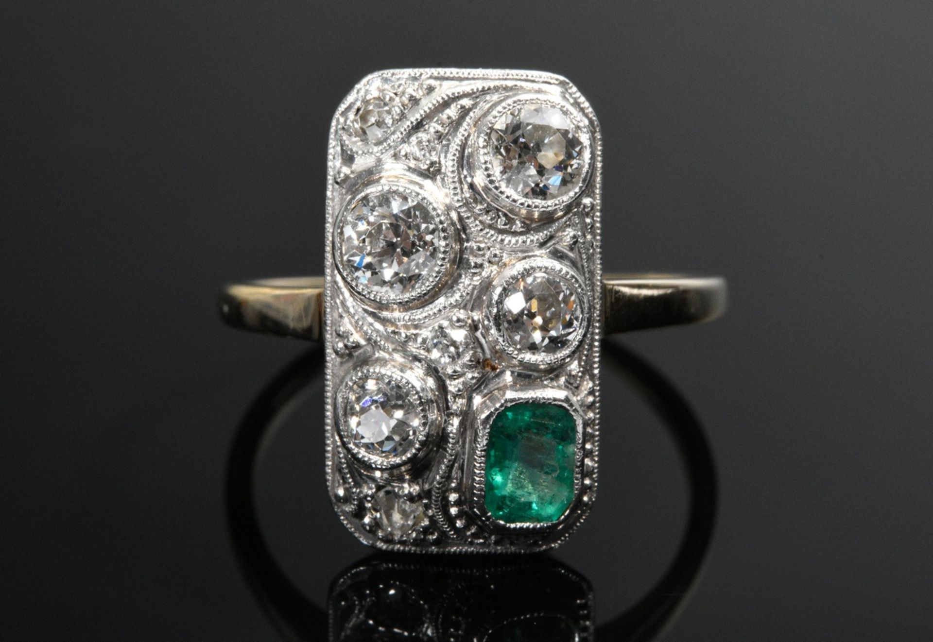 Handcrafted platinum-plated Art Deco yellow gold 585 ring with emerald (approx. 0.25ct) and old-cut - Image 2 of 3