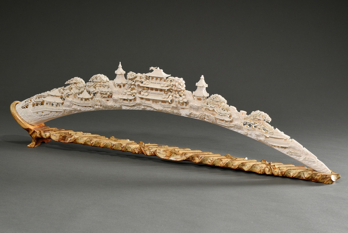 Richly carved ivory tooth "Landscape with pagodas, trees and people" on a carved and patinated wood - Image 2 of 13