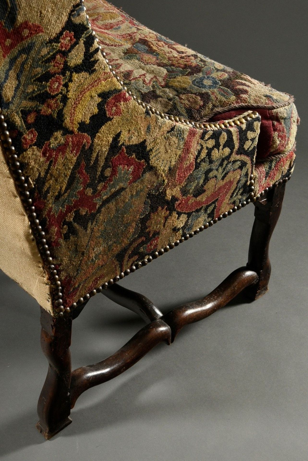 William & Mary "Loveseat" bench with carved frame and original embroidered upholstery "Lovers and H - Image 9 of 10