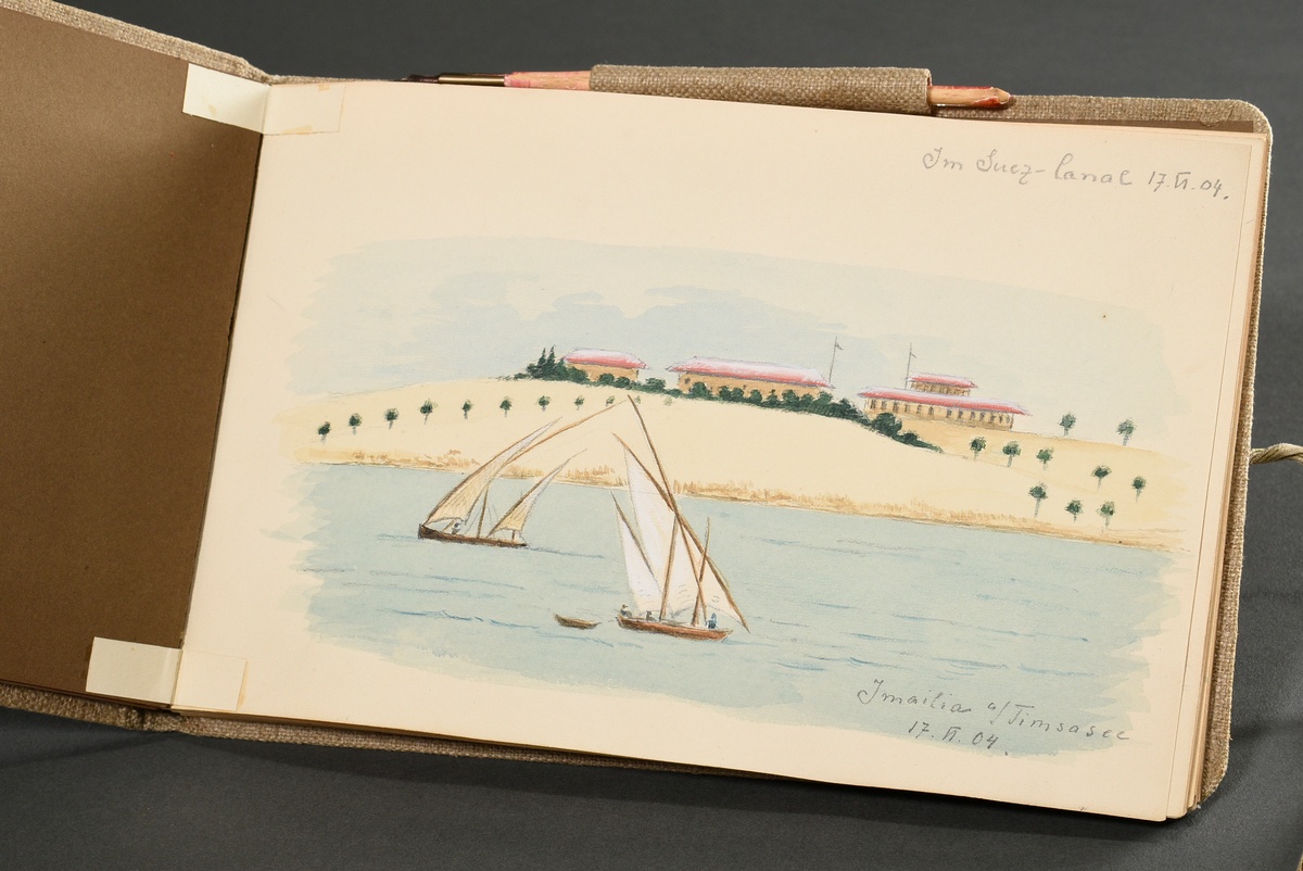 Album "Reise nach China 1904", Gouache/Aquarell/Bleistift, 37 Blätter mit Ansichten von Spanien bis - Bild 7 aus 10