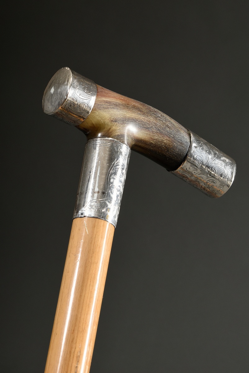 Walking stick with horn fritz crutch and florally chiselled mountings in silver 925, Feldman & Bros - Image 2 of 7