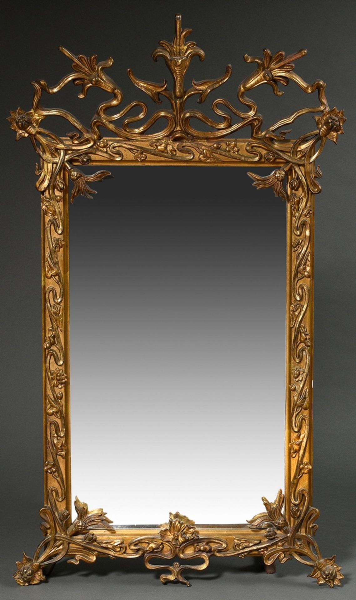 Art Nouveau console mirror with plastic floral frame "Thistles and water lilies", wood and stucco g