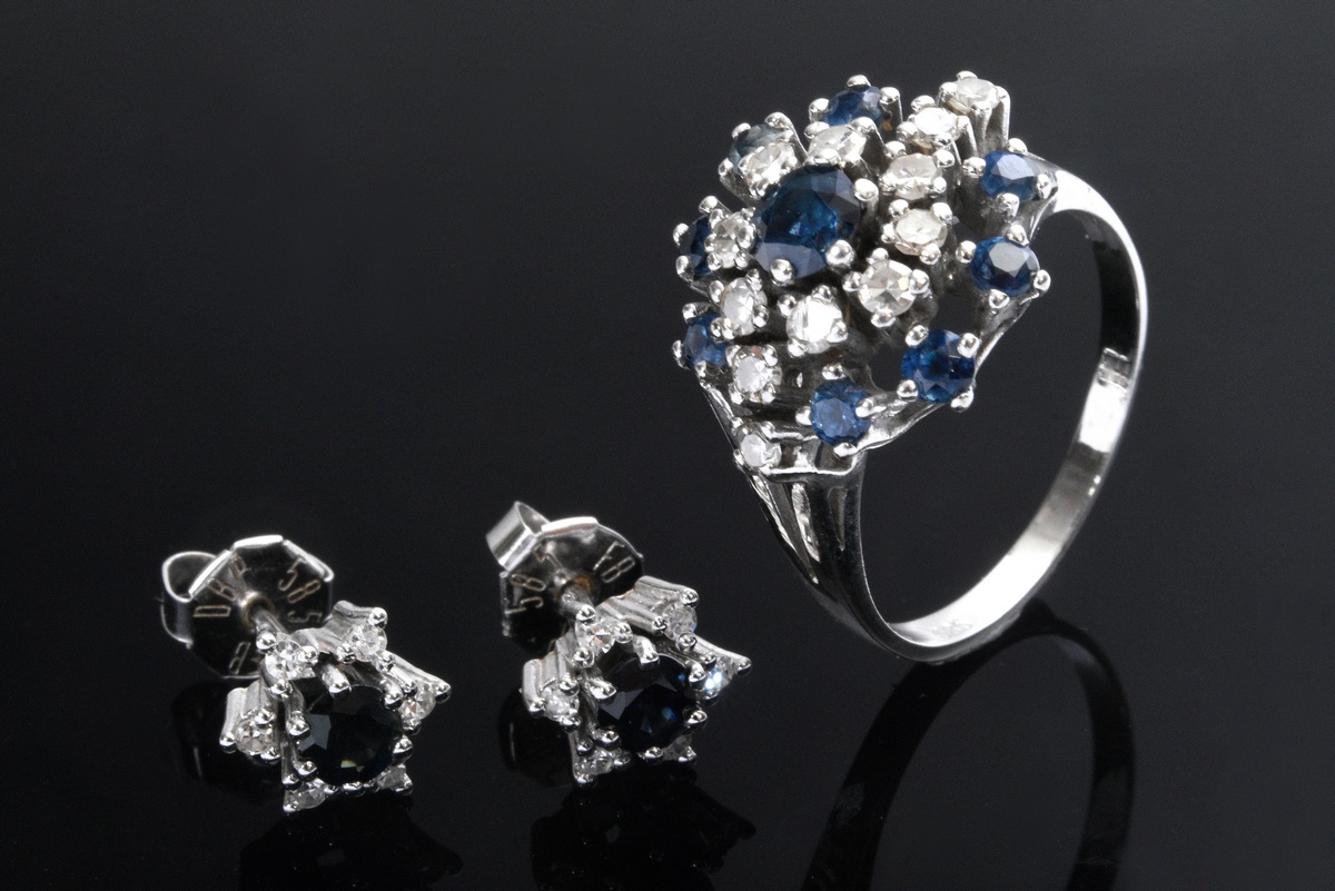 3 pieces of white gold 585 jewellery with sapphires and diamonds, circa 1970: pair of flower stud e