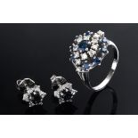 3 pieces of white gold 585 jewellery with sapphires and diamonds, circa 1970: pair of flower stud e