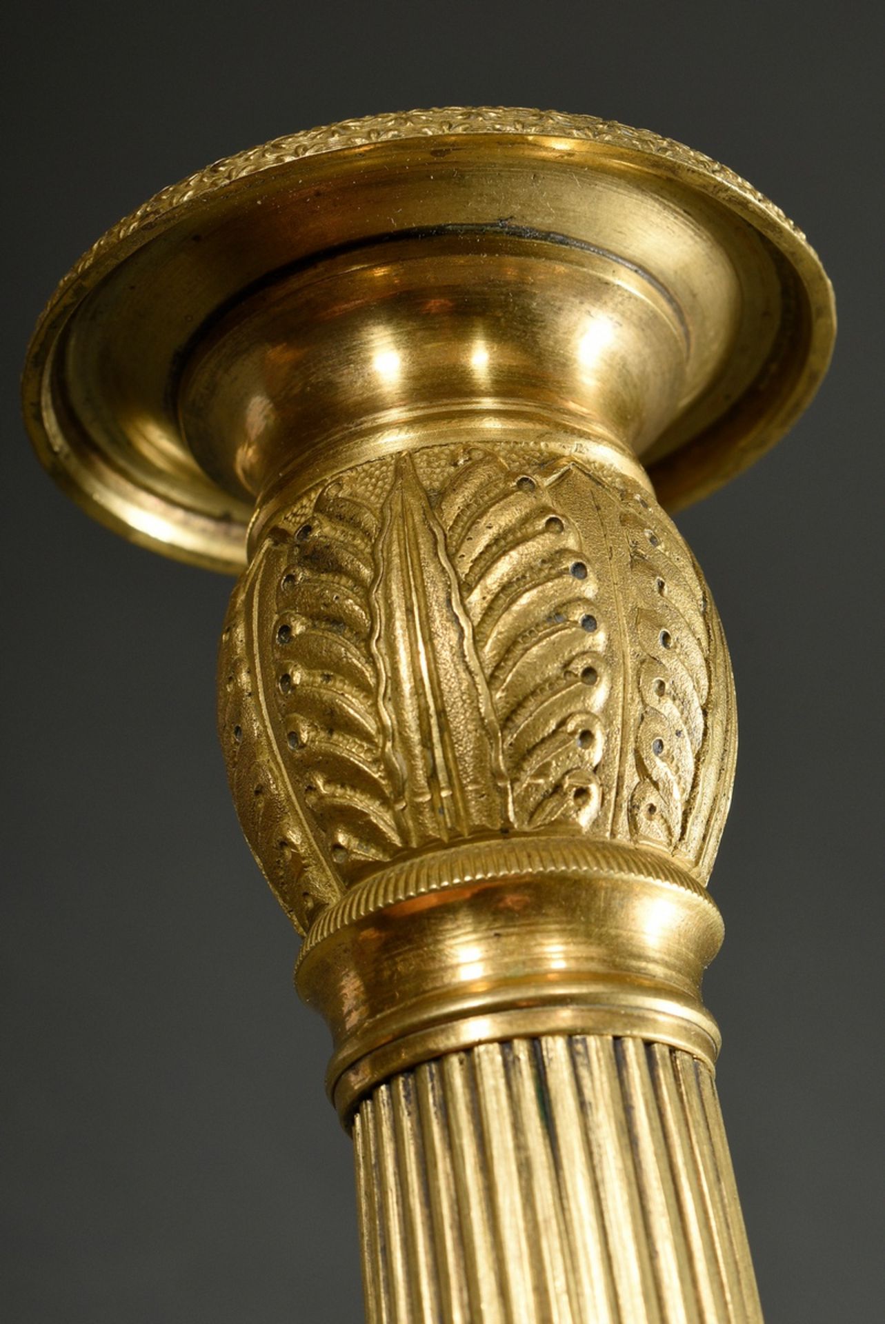 Empire column chandelier in gilt bronze with fluted shaft and leaf friezes on a round base, France, - Image 3 of 4