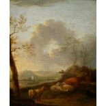 Schalcke, Cornelis S. van der (1611-1671) "Resting animals in front of a wide landscape", oil/wood,