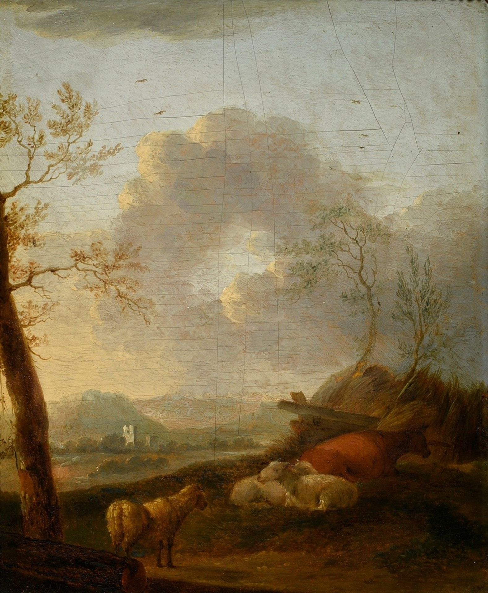 Schalcke, Cornelis S. van der (1611-1671) „Rastende Tiere vor weiter Landschaft“, Öl/Holz, u.l. sig