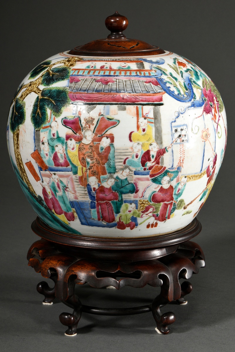 Bellied ginger pot with carved wooden lid and stand and polychrome painting "New Year's festival wi - Image 2 of 13