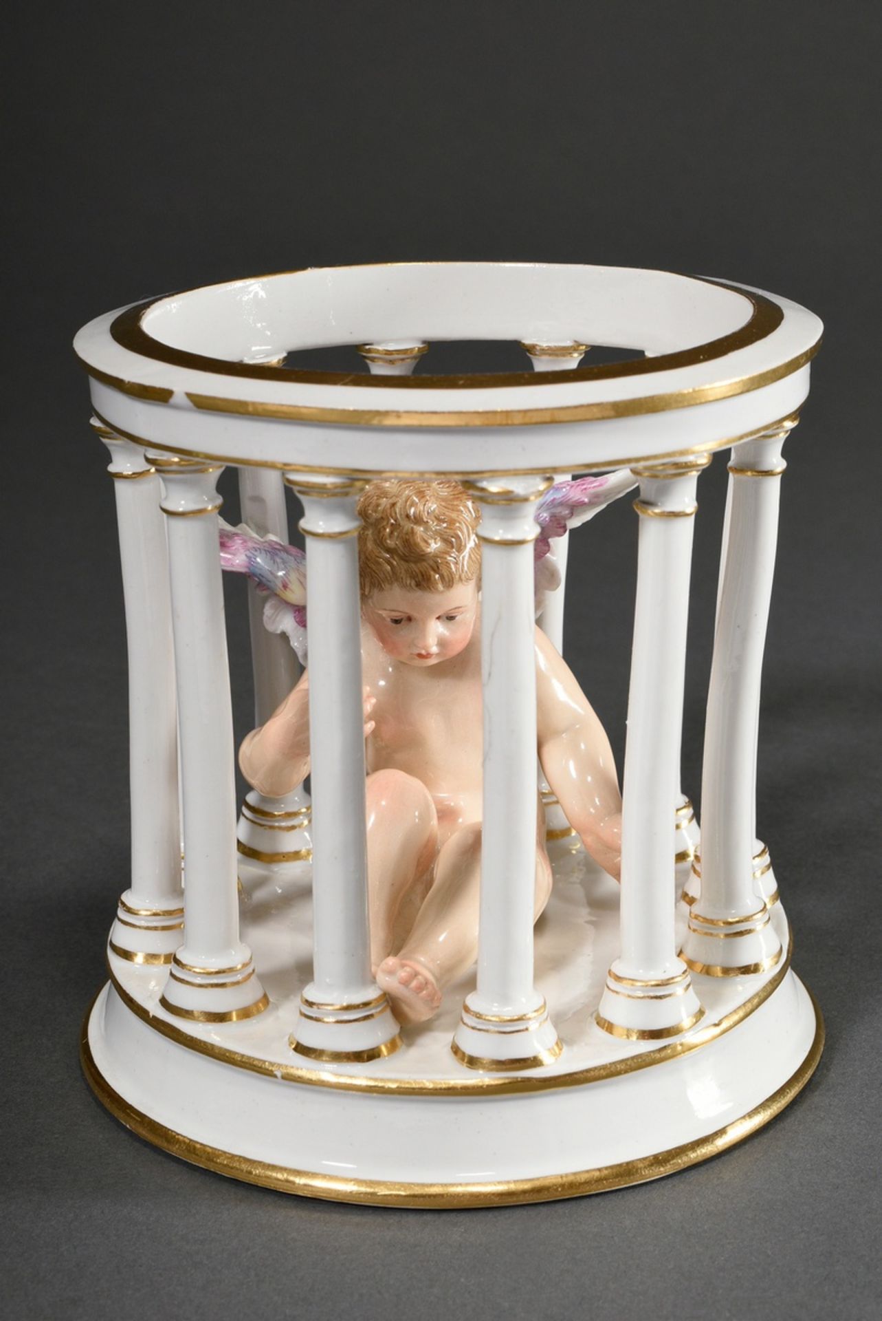 Meissen figurine "Cupid in a cage", bottom signed, bosier no.: 101, model no.: H. 95, h. 12cm, Ø 11
