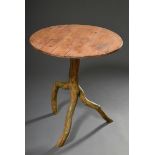 Rural side table with round top on three-legged branch base, green remnants, Sweden 19th century, h