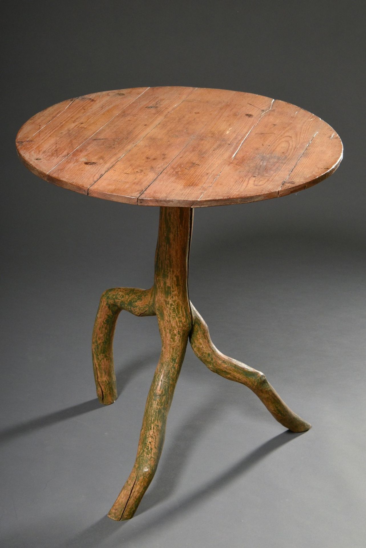 Rural side table with round top on three-legged branch base, green remnants, Sweden 19th century, h