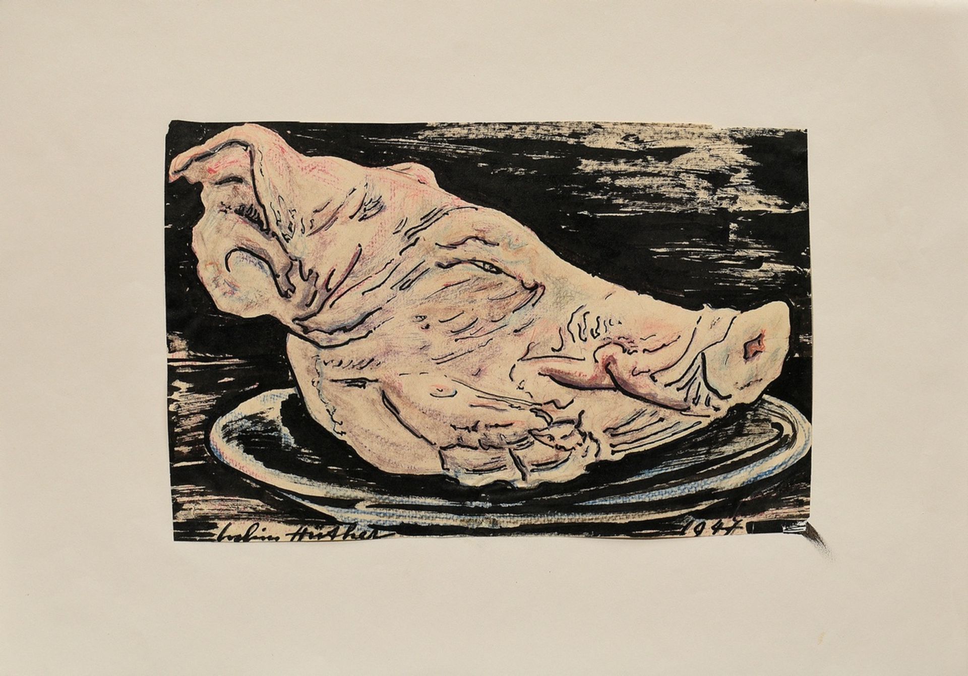 Hüther, Julius (1881-1954) "Schweinekopf" 1947, Tinte/Gouache/Farbstift, u. sign./dat., auf Papier  - Bild 2 aus 4