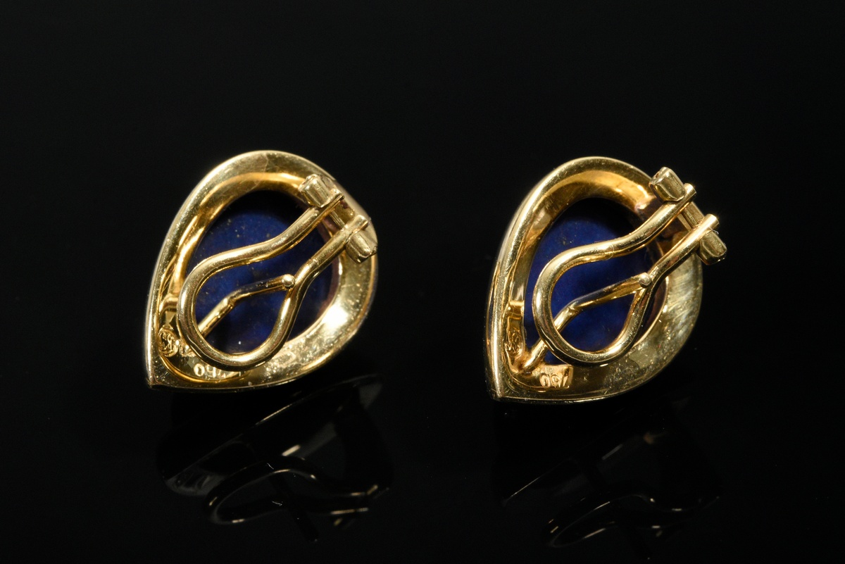 Pair of 750 yellow gold stud earrings with clip prism and lapis lazuli drops, Brahmfeld & Gutruf/ H - Image 3 of 3