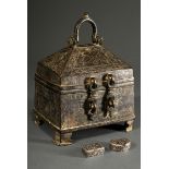 Indo-Persian bronze casket with rectangular body and roof-shaped lid and engravings "tendrils and b