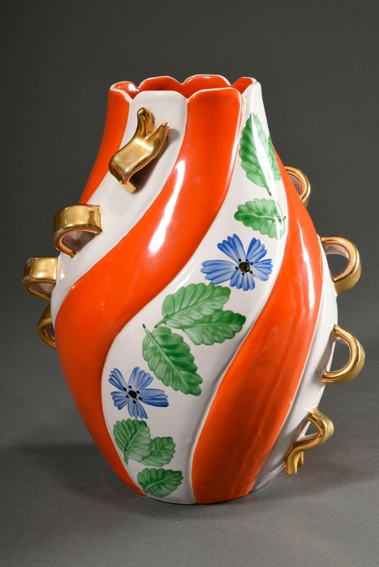 3 Diverse italienische Midcentury Vasen, um 1950, Keramik mit farbigen Dekoren und Vergoldung auf o - Bild 8 aus 10