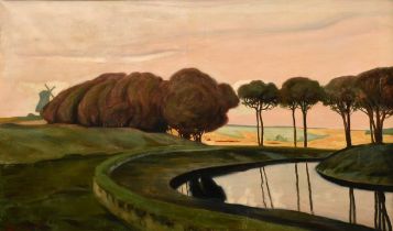 Leistikow, Walter (1865-1908) "Landscape with tree avenue and canal", oil/canvas, sign. b.l., 91x15