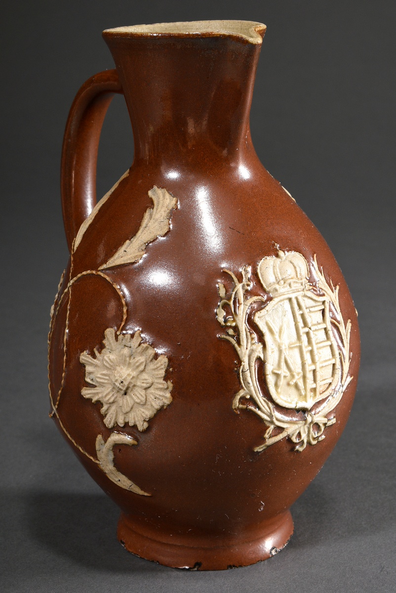 A large Bunzlau jug with Saxon coat of arms, egg shape over simple stand, funnel-shaped neck with p - Image 2 of 6