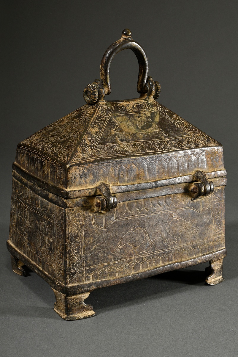 Indo-Persian bronze casket with rectangular body and roof-shaped lid and engravings "tendrils and b - Image 2 of 13