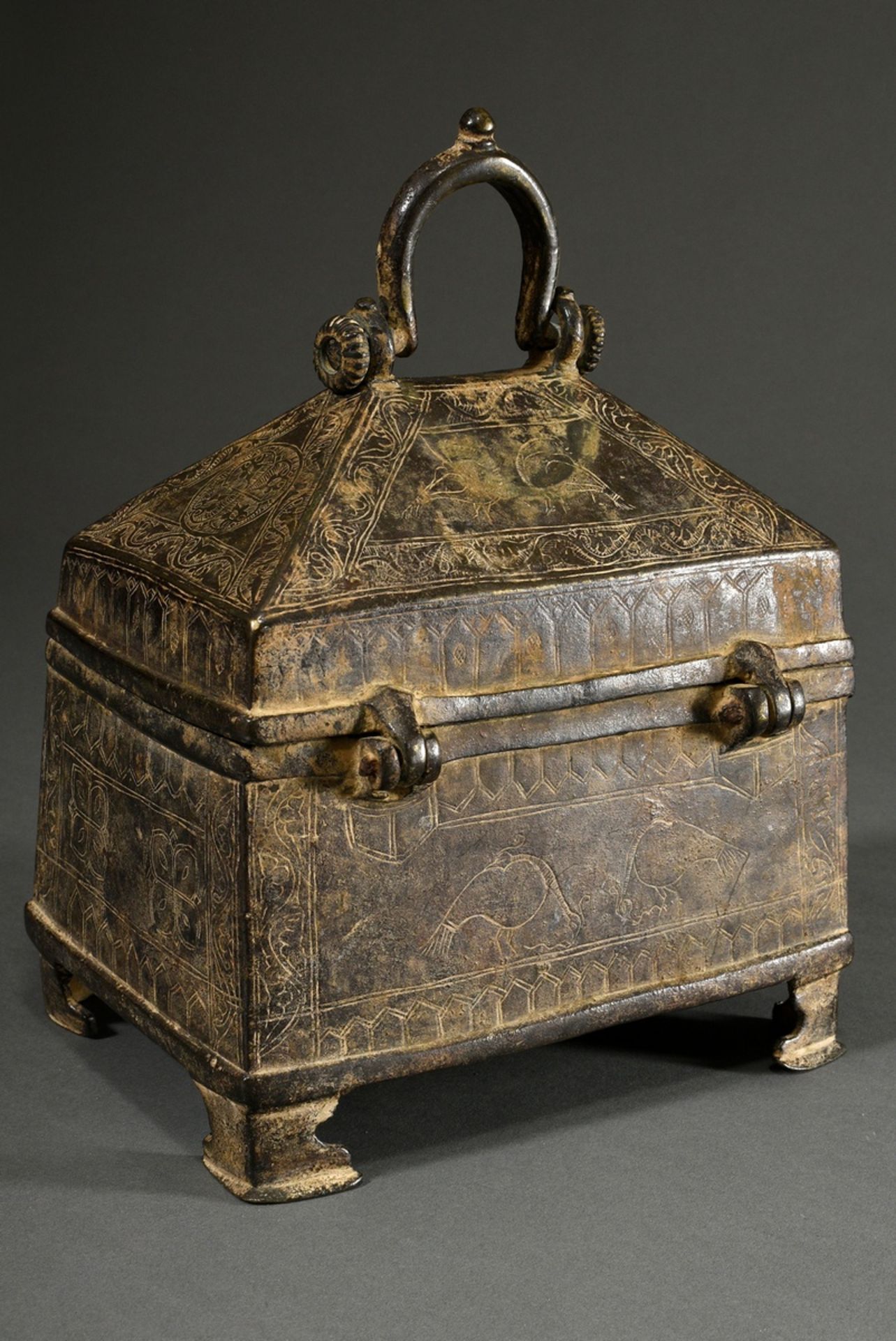 Indo-Persian bronze casket with rectangular body and roof-shaped lid and engravings "tendrils and b - Image 2 of 13