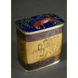 Small Chinese tea leaf box with cloisonné lid "Grazing Horse" and engraved decoration on the wall "