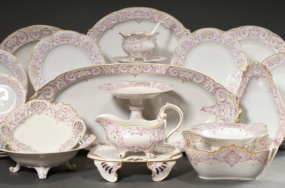 69 Pieces KPM dinner service in Rococo form with purple and gold staffage, red imperial orb mark, c