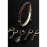 7 Various pieces of tombac garnet jewelry: 1 bangle (5.3x4.6cm), 2 pairs of earrings (l. 3 and 3.7c