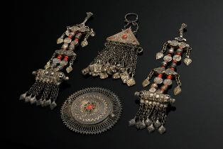 4 Diverse Teile Tadschiken Schmuck, bestehend aus: durchbrochener Scheibe (Ø 8cm), dreieckigem Anhä