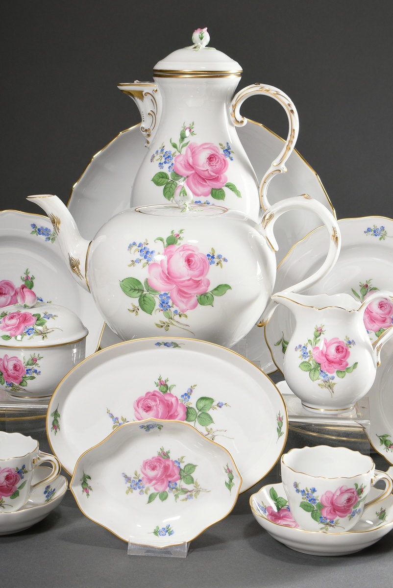 23 Pieces Meissen mocha service "Rosa Rose mit Vergissmeinnicht" gold painted, form Neuer Ausschnit