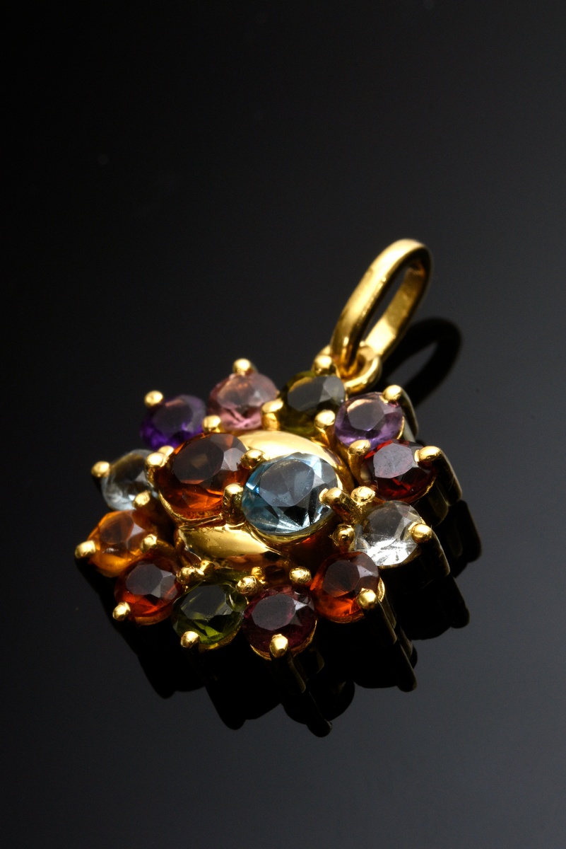 Round yellow gold 800 pendant with amethysts, topazes, citrines and garnet, 4g, Ø 1.5cm