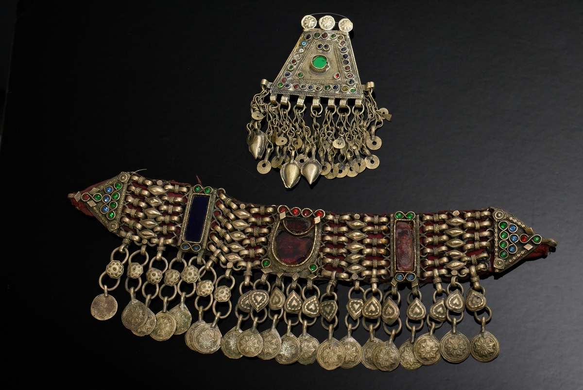 2 Various pieces of Afghan choker and pendant, 1 small plate mounted on fabric with glass stones an - Image 9 of 9