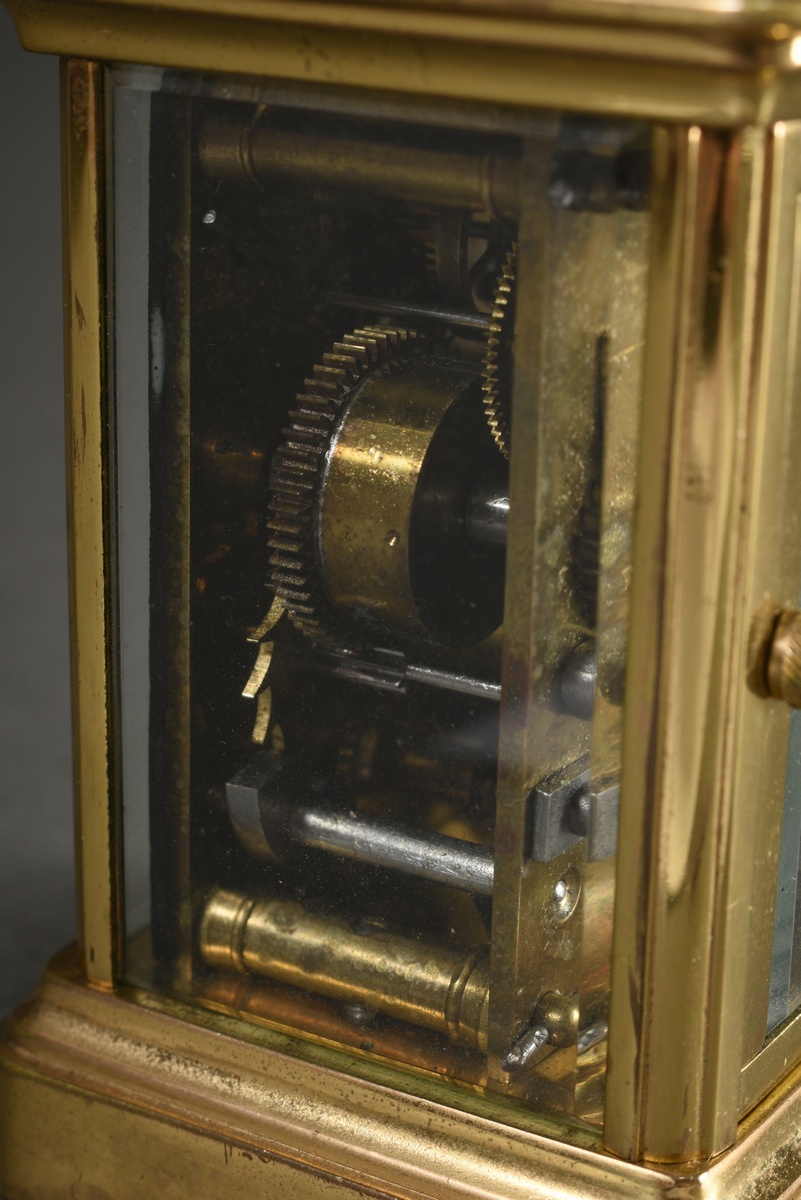 French miniature travel alarm clock in all-round glassed brass case, enamelled dial with Arabic num - Image 7 of 11