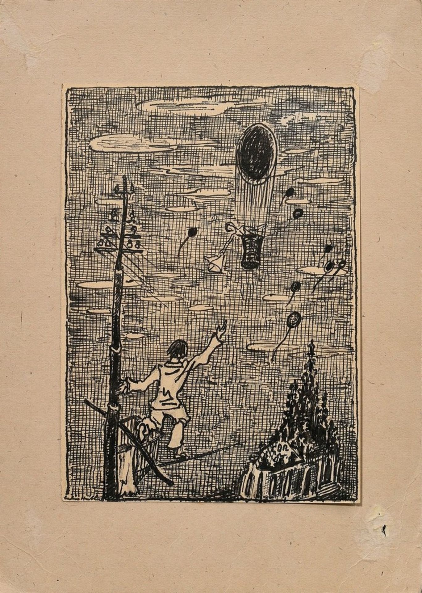 Hüther, Julius (1881-1954) "Abschied (Auer Dult)", Tinte, u. sign., auf Karton montiert, verso bez. - Bild 2 aus 6