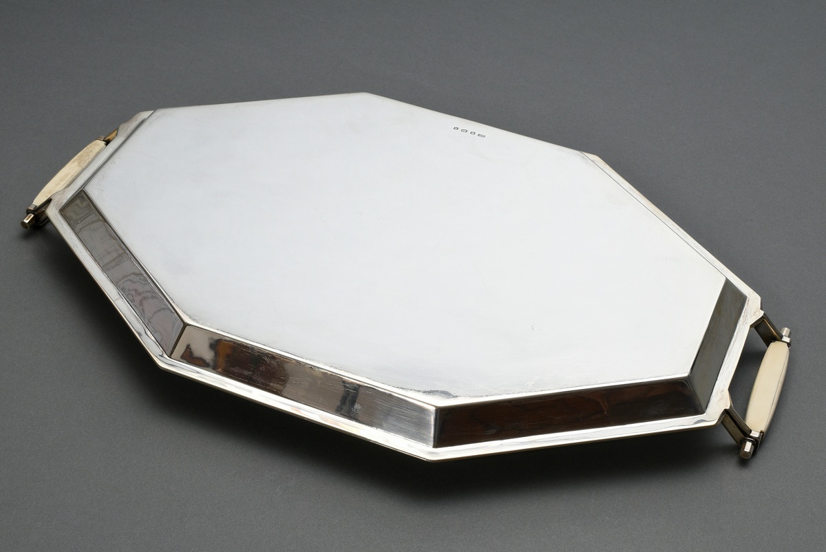 Elongated octagonal Art Deco tray with ivory handles, MM: Viners Ltd., Sheffield 1935, silver 925, - Image 3 of 6
