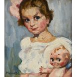 Unbekannter Künstler des 20.Jh. (Marra?) "Mädchen mit Kewpie Puppe" 1955, Öl auf Malpappe, u.l. sig