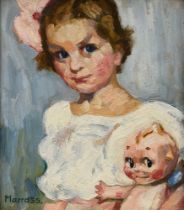Unknown artist of the 20th c. (Marra?) "Girl with Kewpie Doll" 1955, oil on cardboard, sign./dat. l