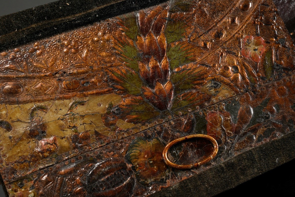 Antique leather casket with nailed decoration on the body and steel fittings, inside florally hallm - Image 13 of 14