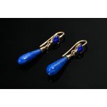 Pair of rose gold earrings with lapis lazuli drops and hearts, 3.2g, l. 3.5cm